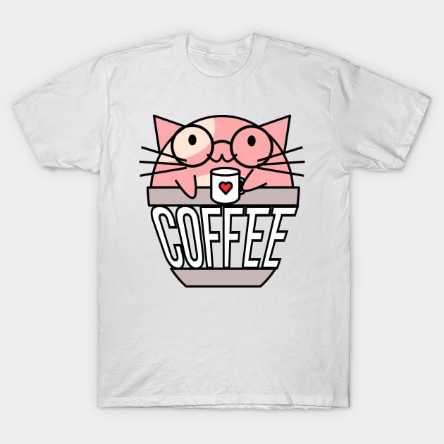 Cat in coffee cup with warped text holding coffee cup with heart wearing glasses pink T-Shirt by coffeewithkitty
